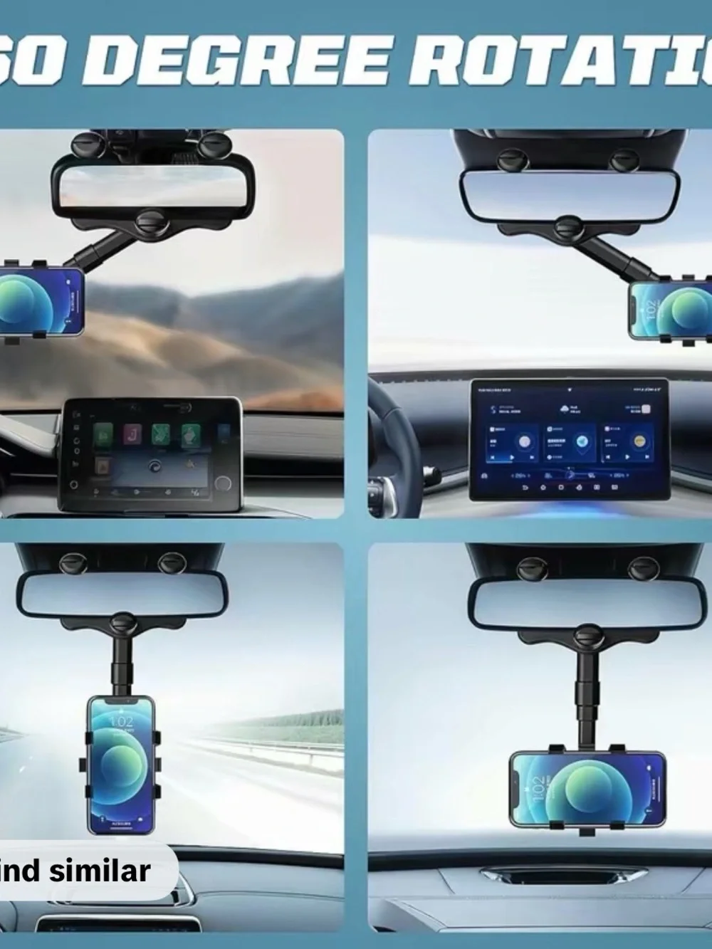 360° Adjustable Car Rear-View Mirror Phone Holder - Black